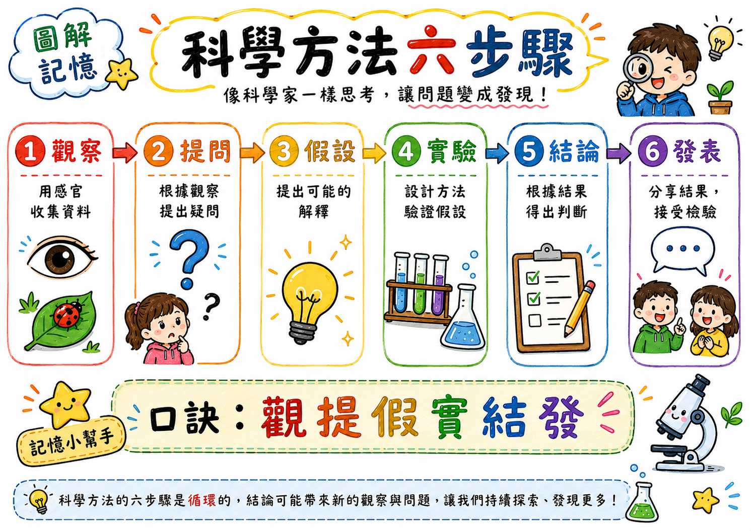 科學方法六步驟圖，包含觀察、提問、假設、實驗、結論與發表。