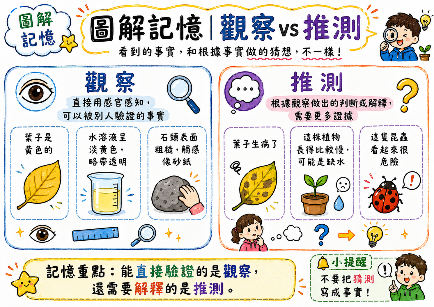 觀察與推測比較圖，說明觀察是可驗證事實，推測是需要更多證據的解釋。