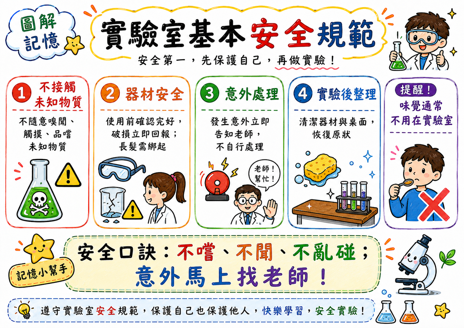 實驗室基本安全規範圖，包含不接觸未知物質、器材安全、意外處理與實驗後整理。