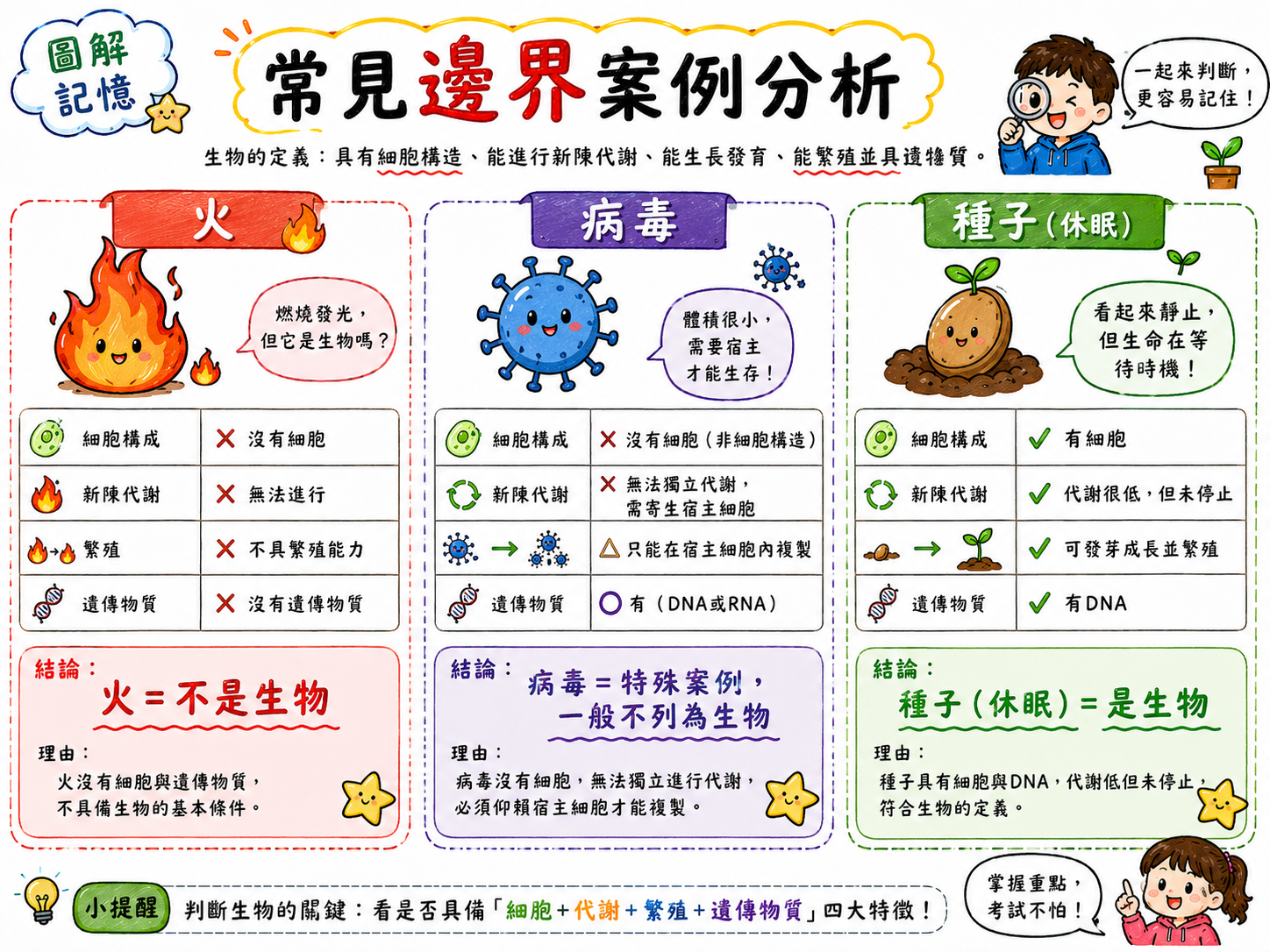 常見邊界案例分析圖，整理火、病毒與休眠種子的生物判斷結果。