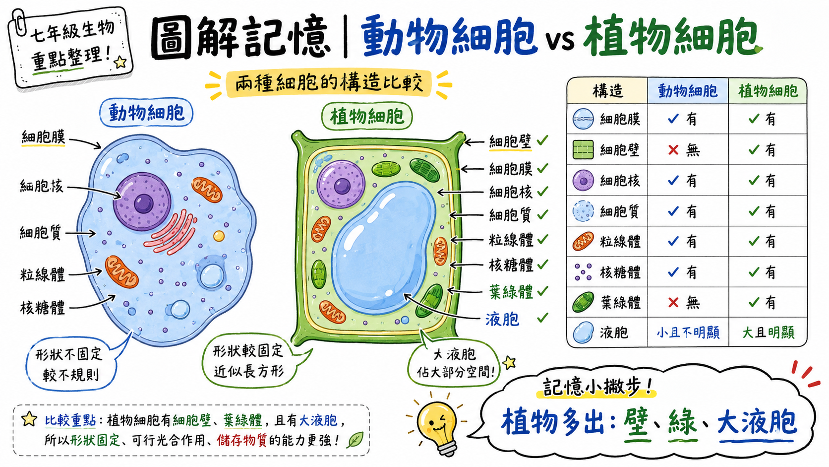 動物細胞與植物細胞比較圖，整理兩者共同構造與植物細胞特有構造。