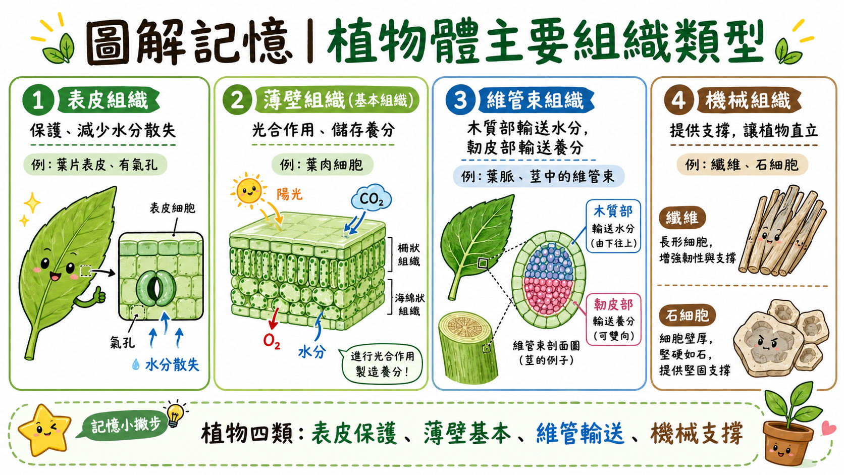 植物體主要組織類型圖，包含表皮組織、薄壁組織、維管束組織與機械組織。