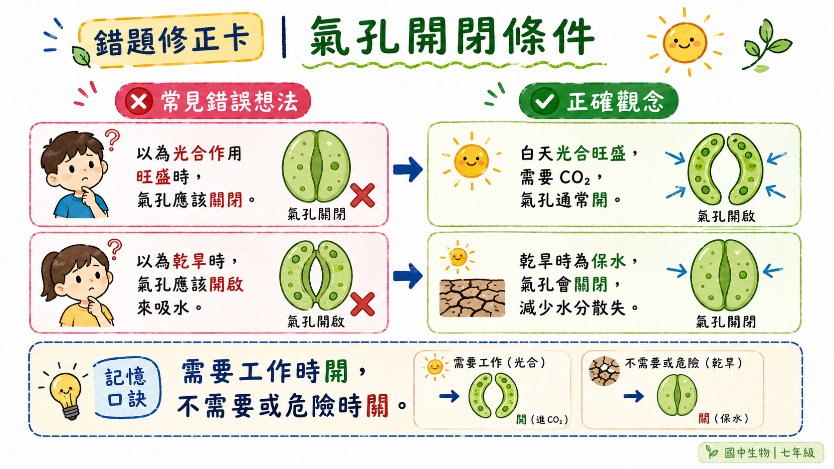 錯題修正卡，說明氣孔在白天光合作用旺盛時開啟，乾旱或夜晚時關閉以減少水分散失。