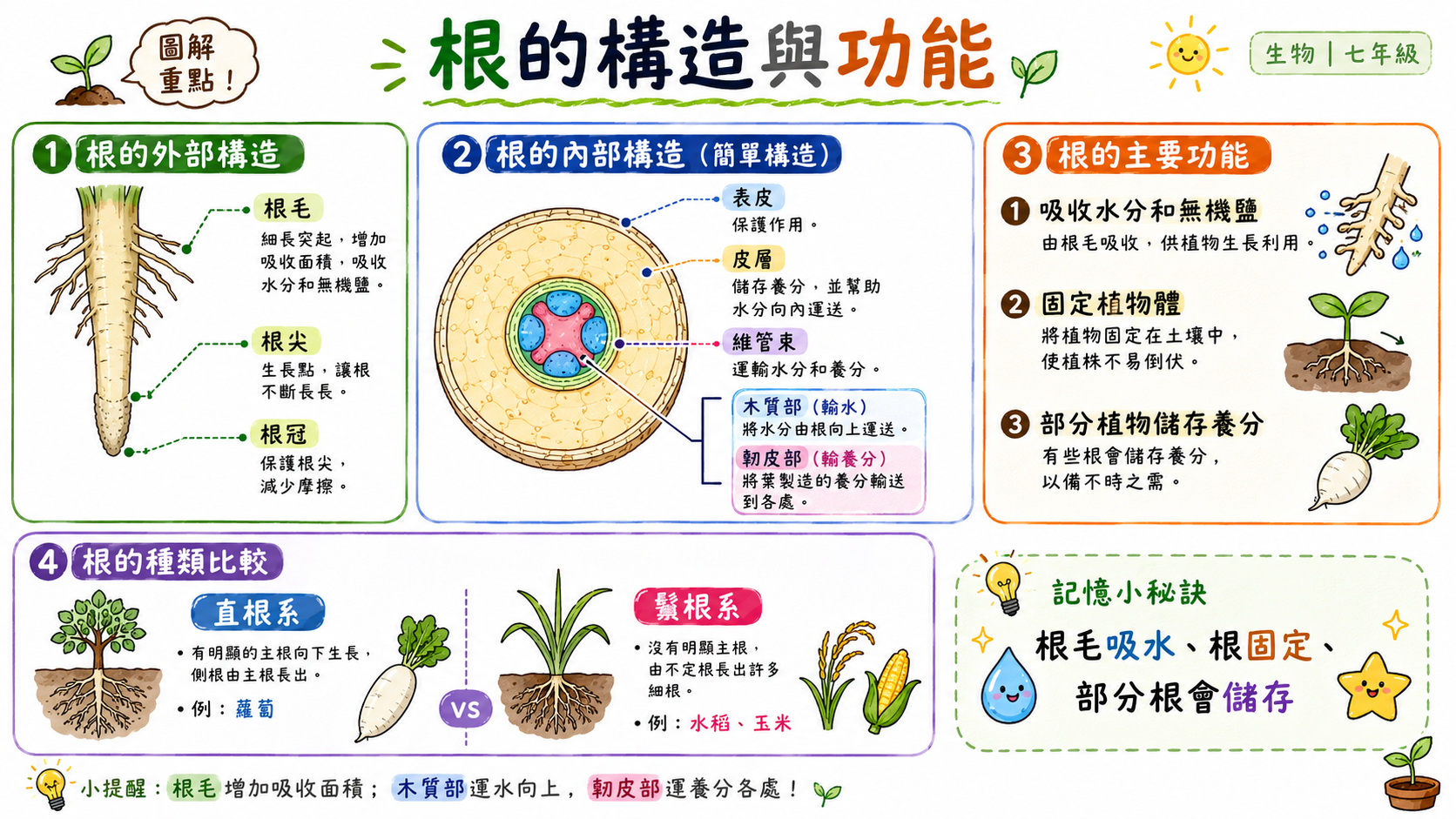 根的構造與功能圖，說明根毛、根尖、根冠、維管束與根的主要功能。