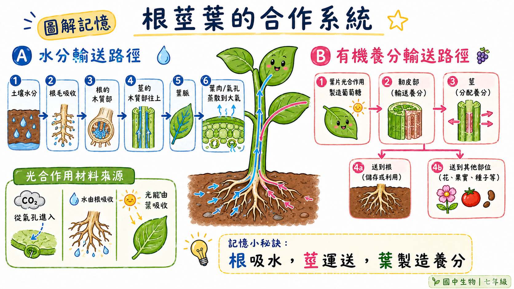 根莖葉合作系統圖，說明水分從根吸收後經木質部往上到葉，葉製造有機養分後經韌皮部運送。