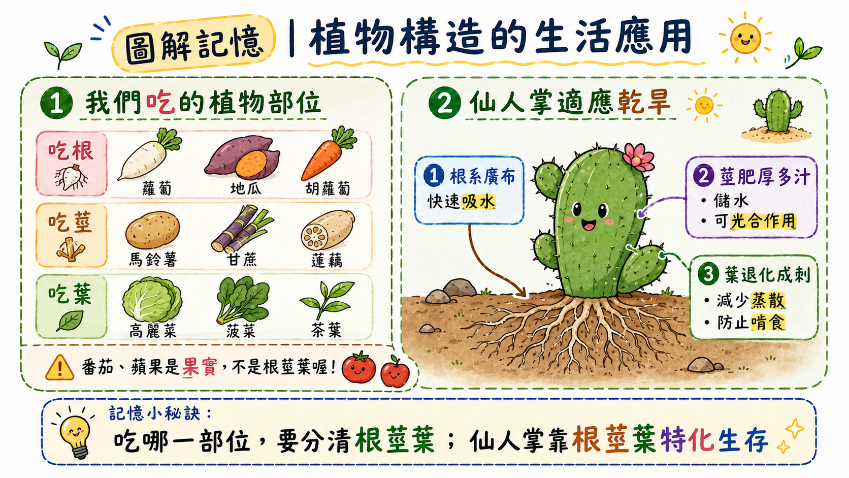 仙人掌適應乾旱圖，說明廣布根系、肥厚多汁的莖、莖可光合作用與葉退化成刺。