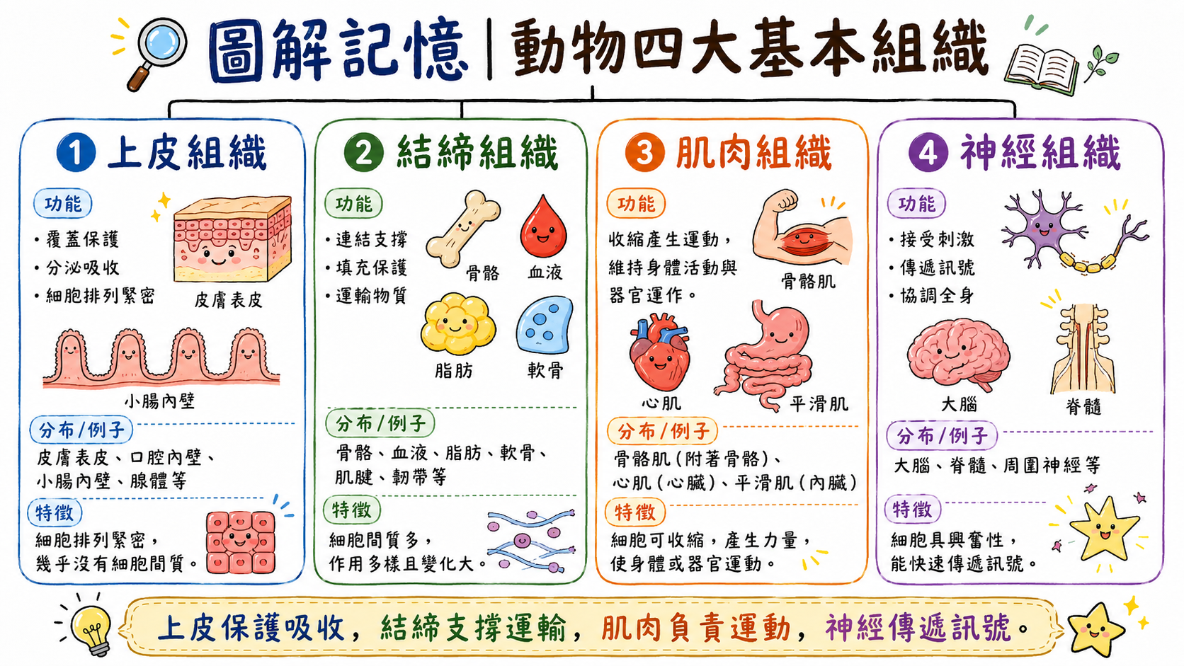 動物四大基本組織圖，整理上皮組織、結締組織、肌肉組織與神經組織的功能與例子。