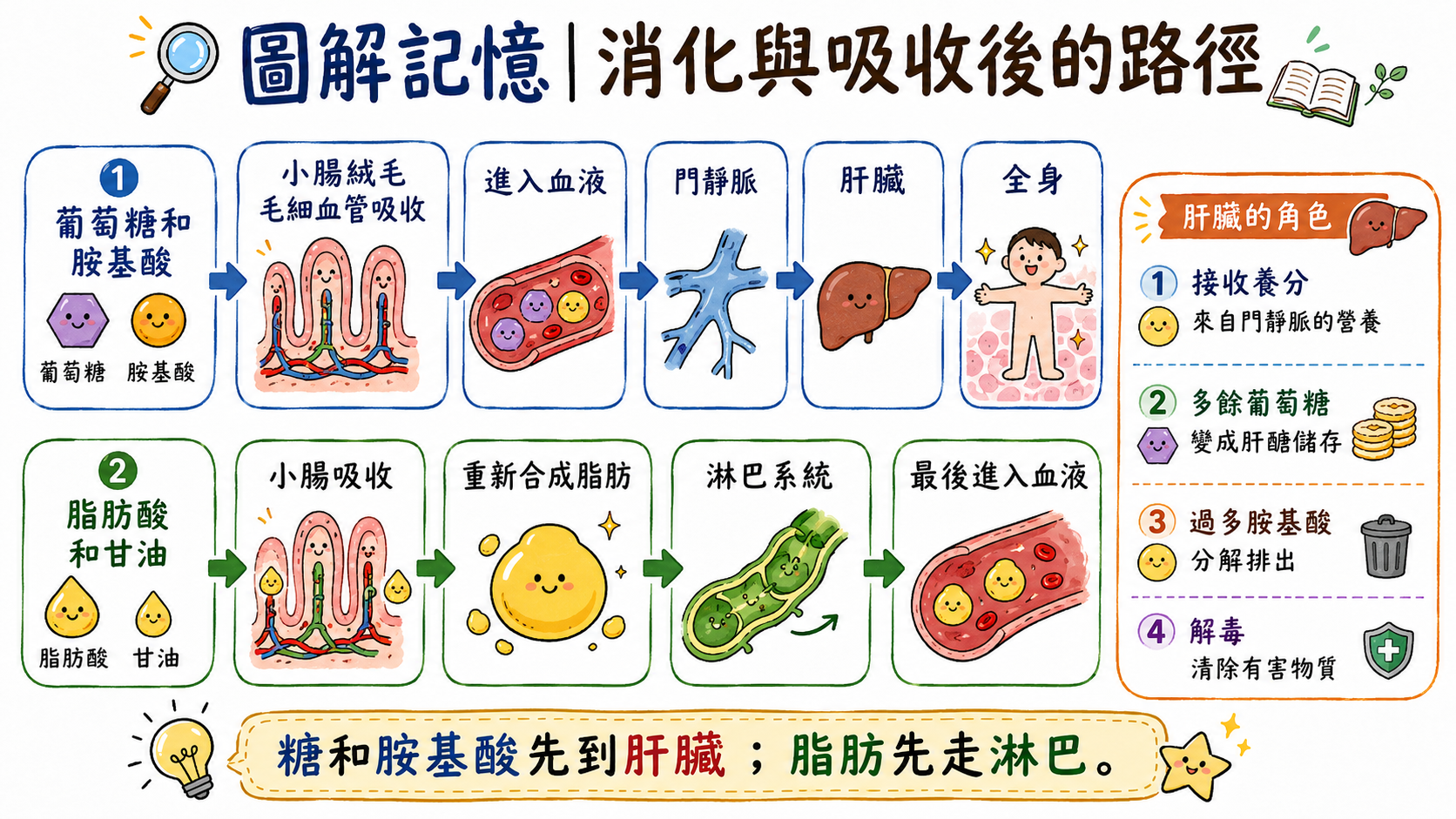 消化與吸收後的路徑圖，說明葡萄糖、胺基酸、脂肪酸和甘油吸收後進入血液或淋巴的路徑。