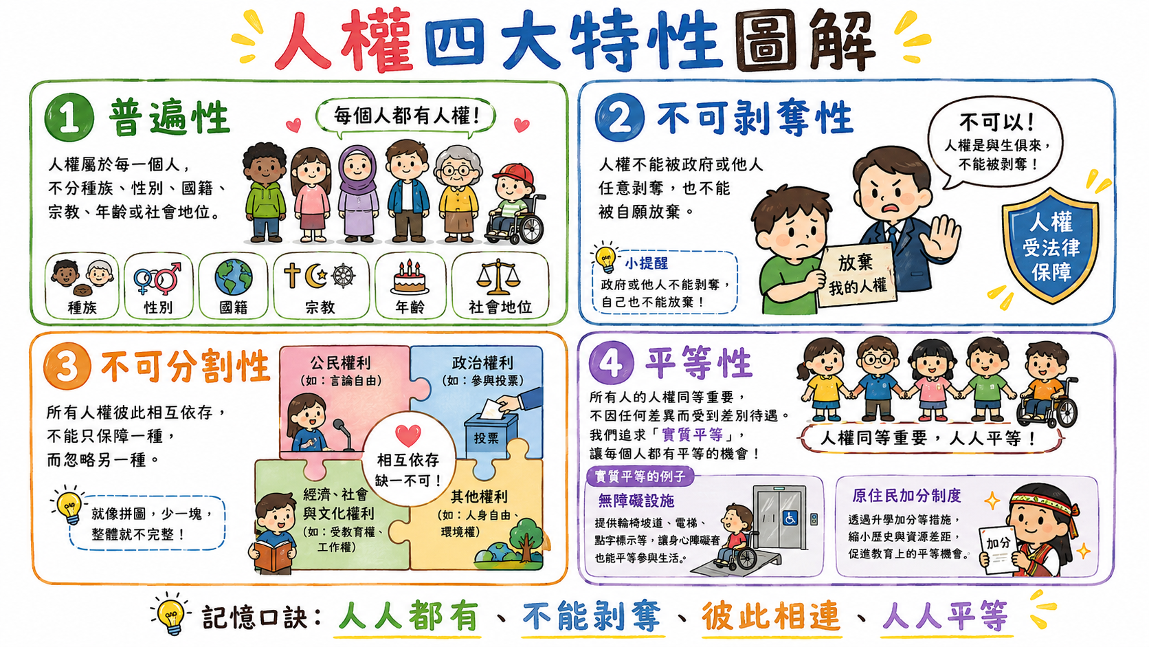 人權四大特性圖，整理普遍性、不可剝奪性、不可分割性與平等性。