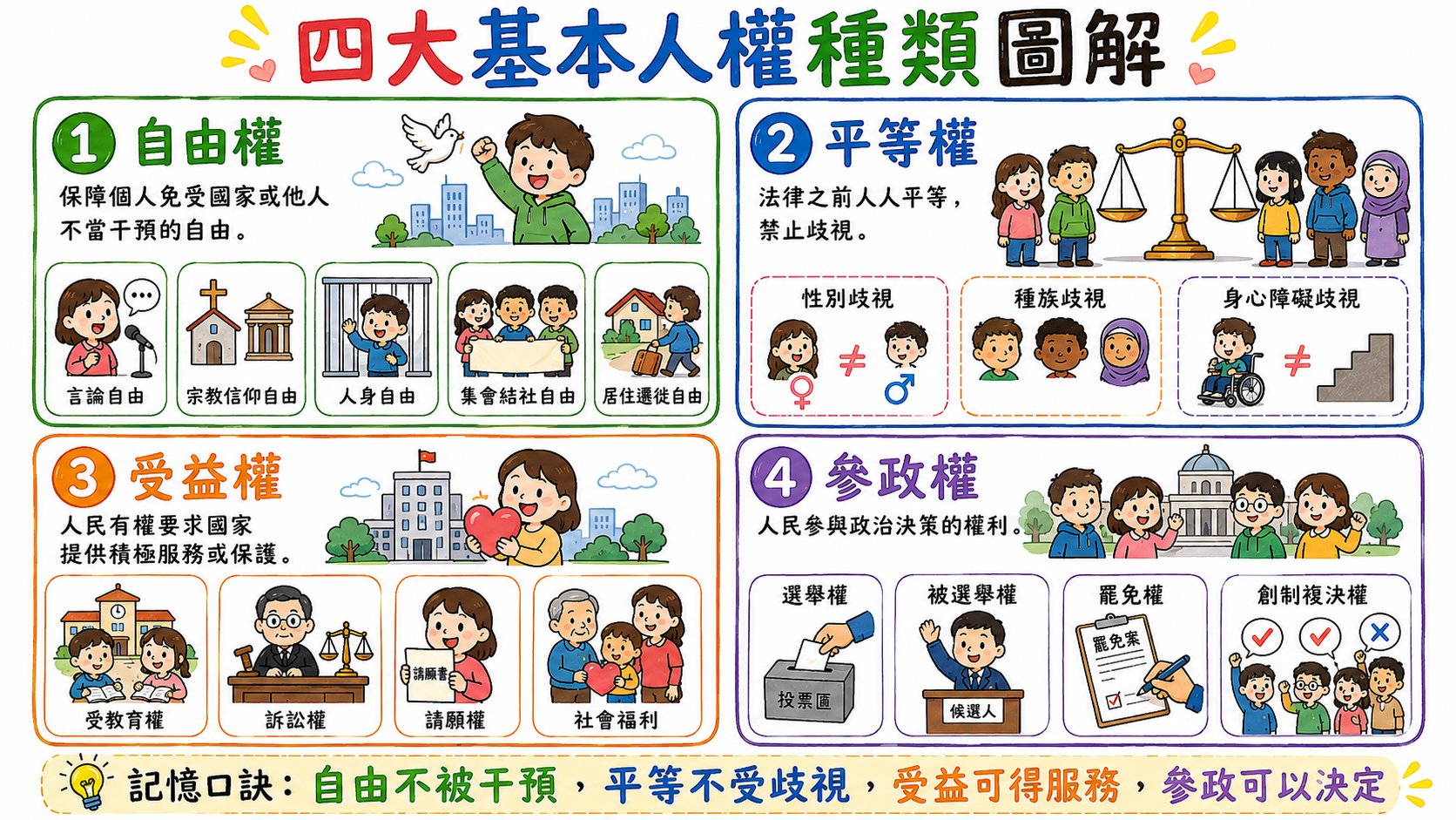 四大基本人權圖，整理自由權、平等權、受益權與參政權的意義和例子。