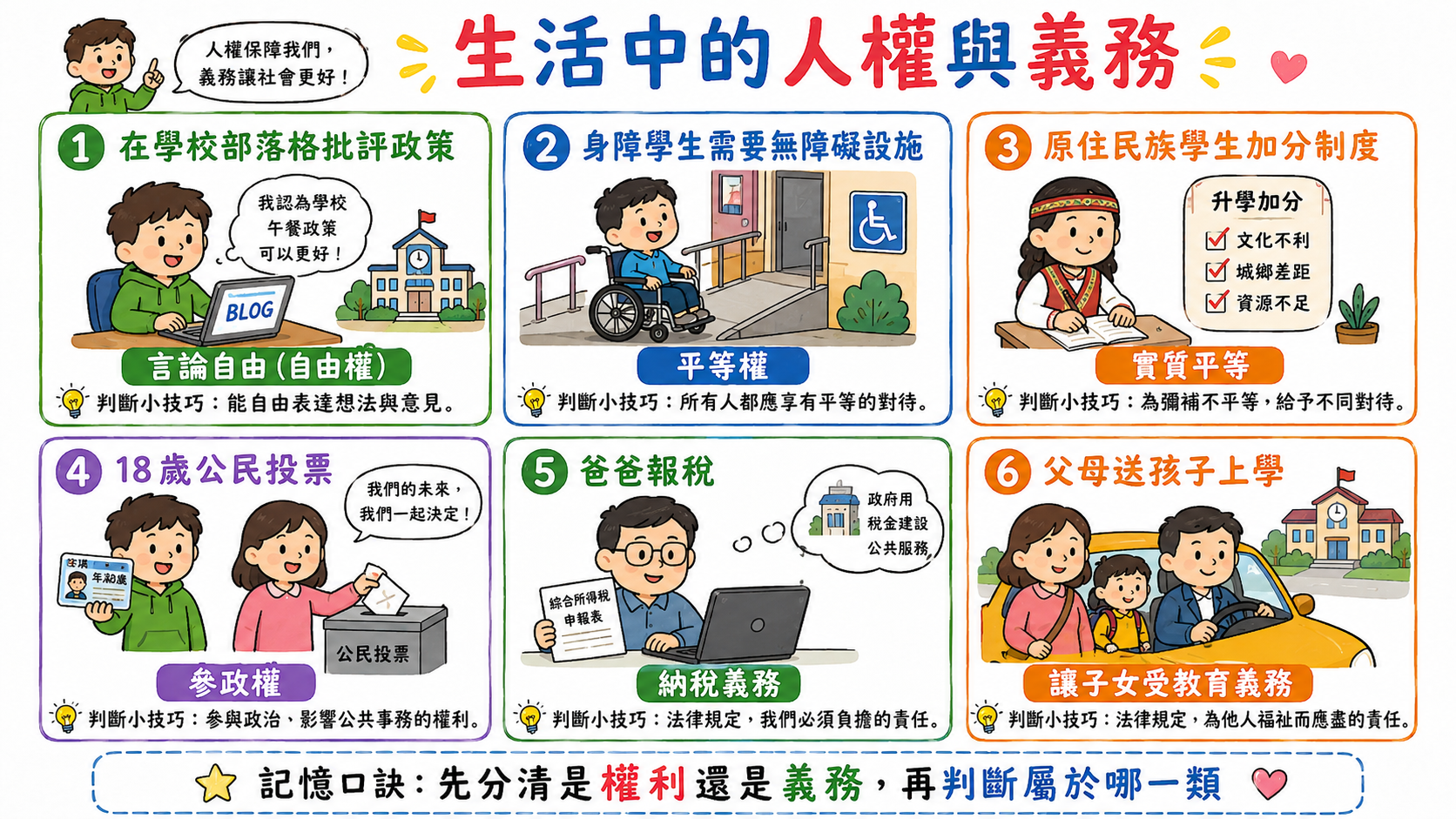 生活中的人權與義務圖，示範言論自由、無障礙設施、原住民族加分、投票、納稅與受教育義務等情境。
