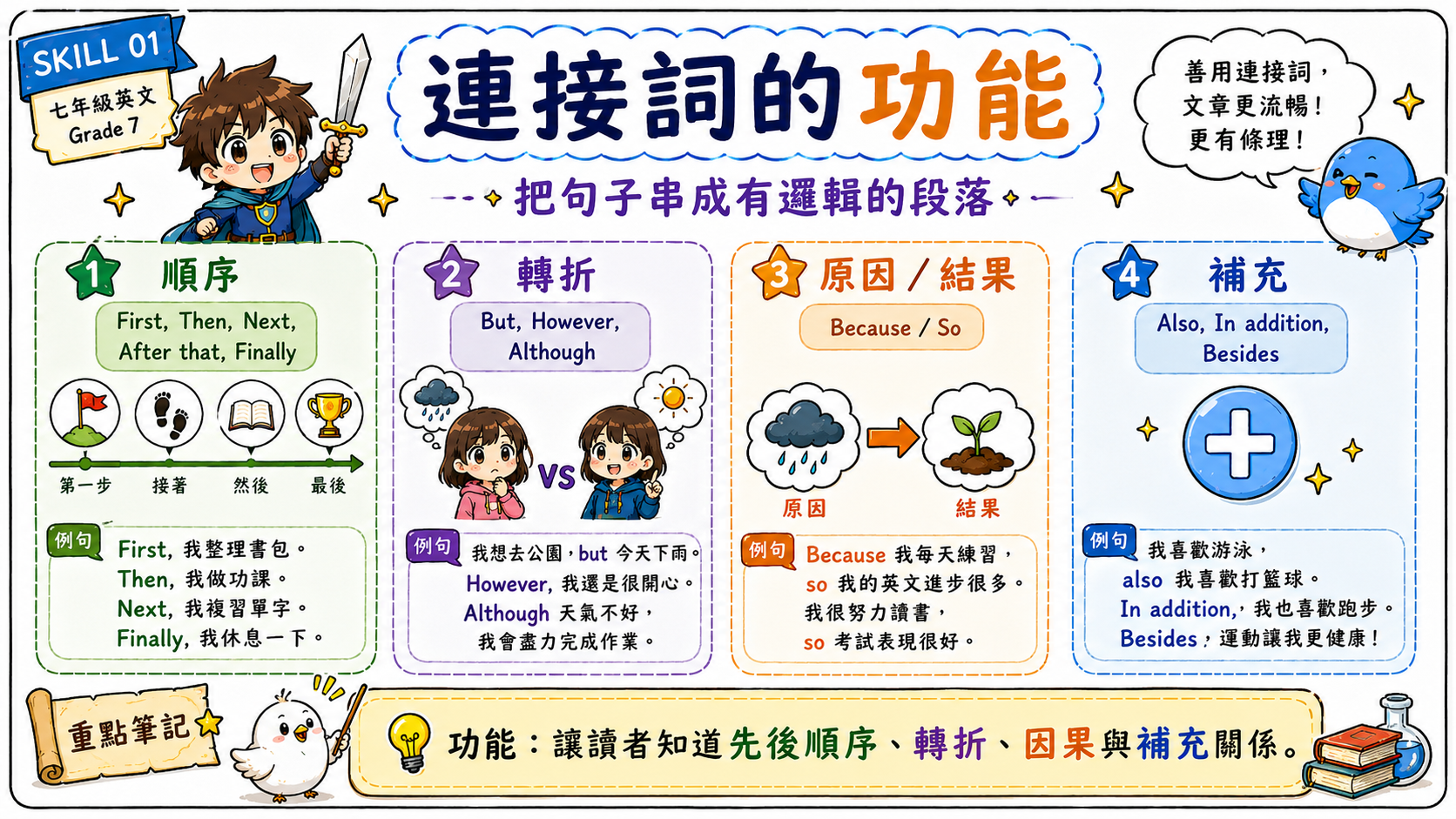 連接詞學習海報，整理順序、轉折、原因結果與補充四種連接詞功能。
