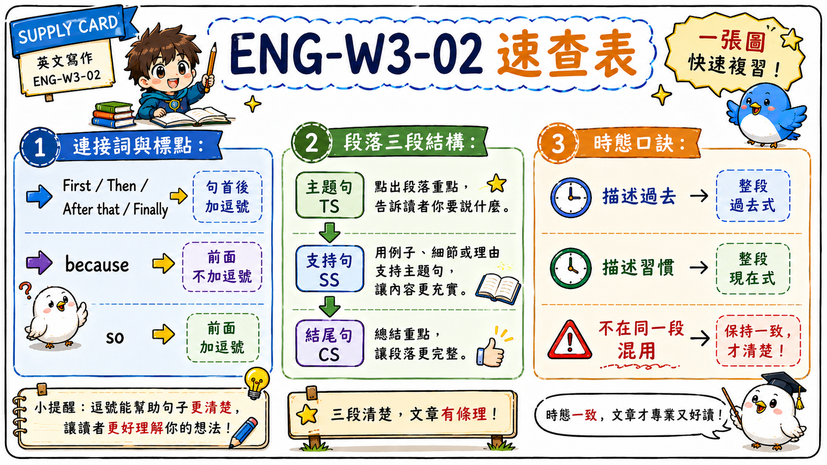英文寫作技巧速查表，整理順序連接詞、because、so、段落結構與時態一致性。