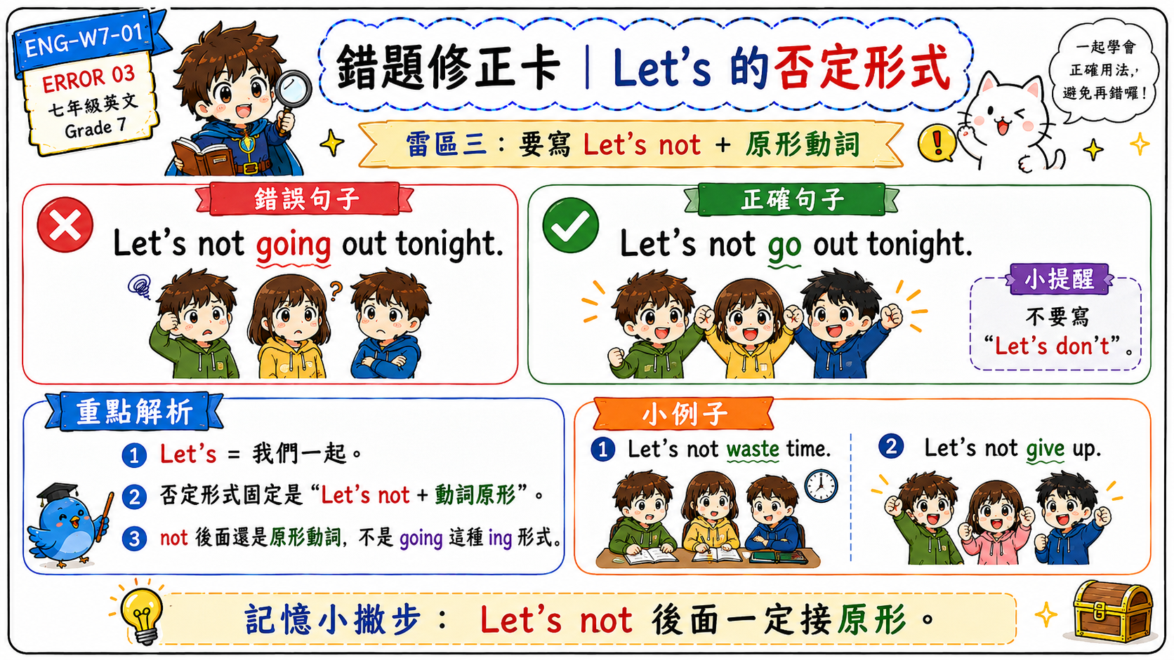 Let's 否定形式錯題修正卡，說明 Let's not going out tonight 錯誤，正確是 Let's not go out tonight。