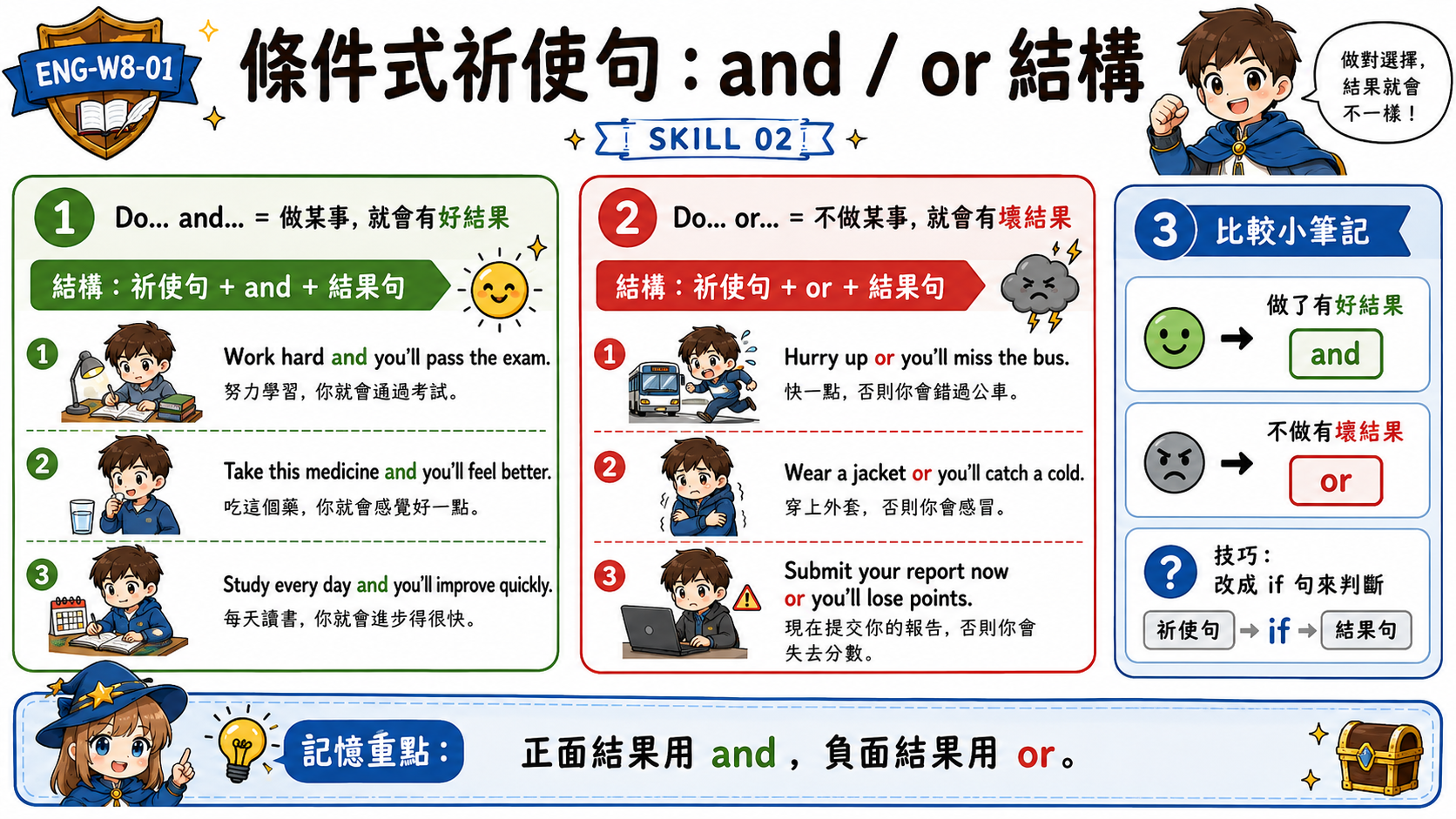 條件式祈使句 and or 結構圖，說明 Work hard and you'll pass the exam 與 Hurry up or you'll miss the bus 的差異。
