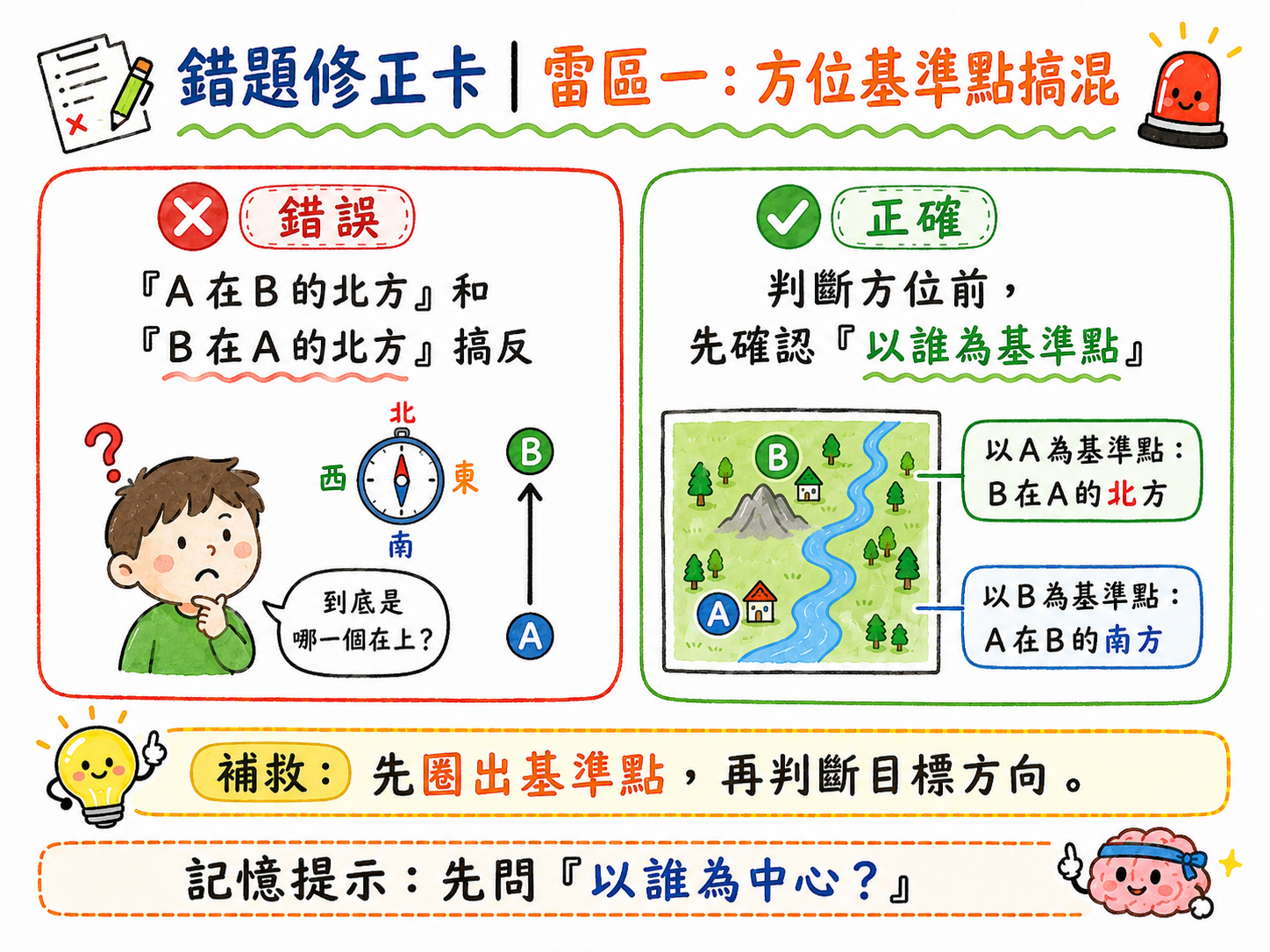 錯題修正卡，說明方位基準點搞混的常見錯誤與正確判斷方式。