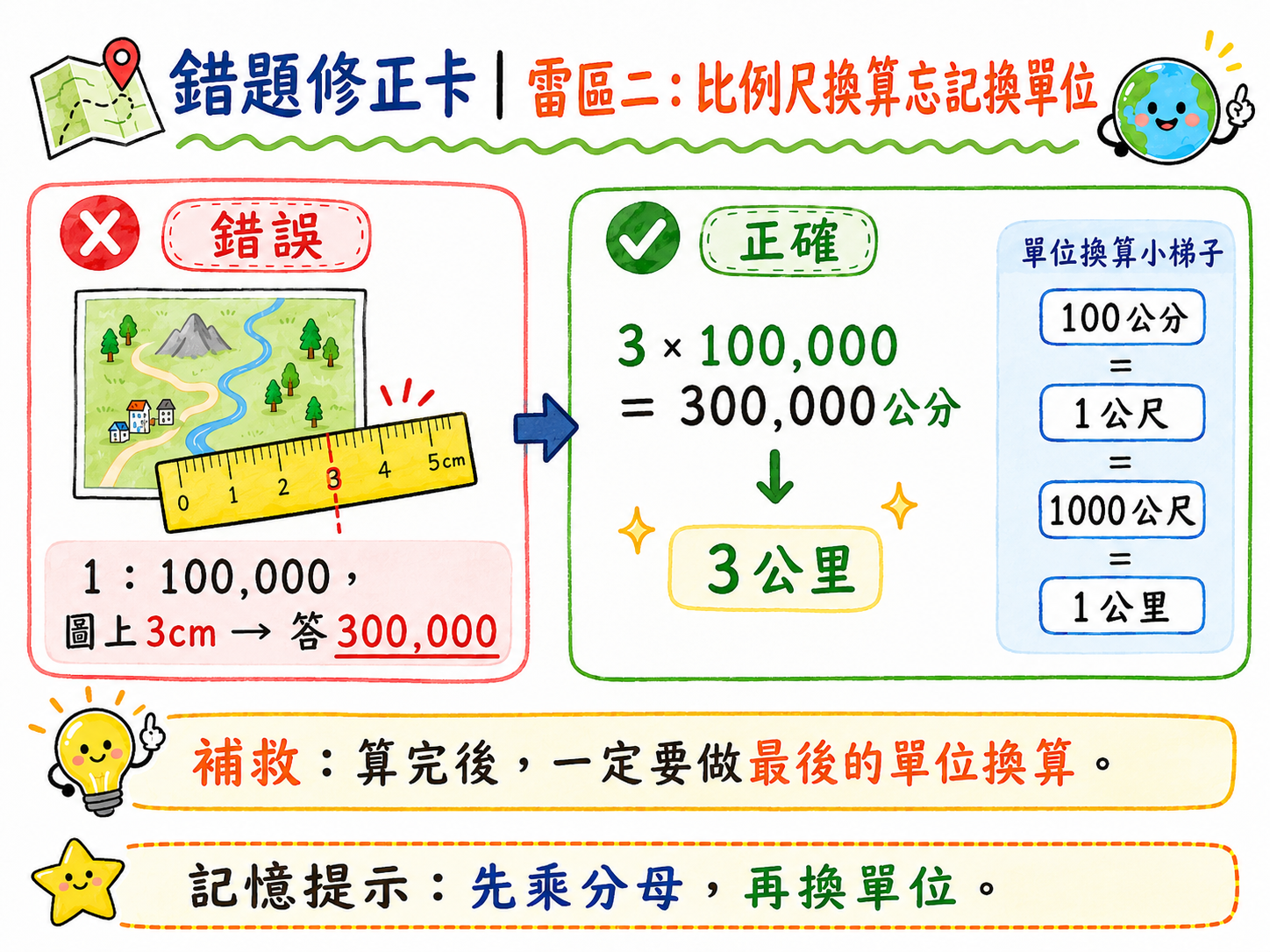 錯題修正卡，說明比例尺換算時忘記換單位的錯誤與正確做法。