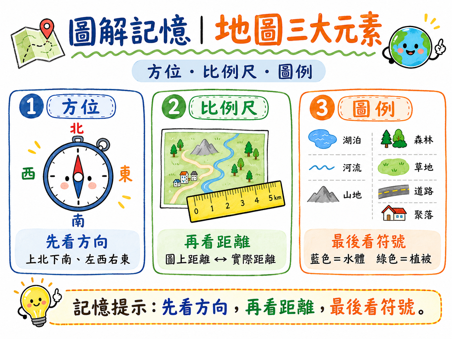 地圖三大元素圖，包含方位、比例尺、圖例。