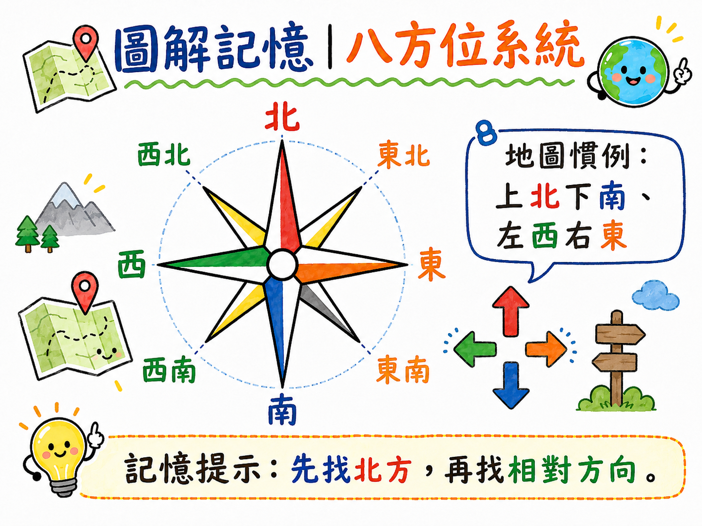 八方位系統圖，整理東西南北與東北東南西北西南。