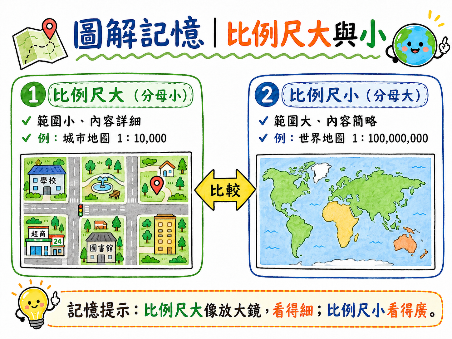 比例尺大與小比較圖，整理範圍與細節差異。