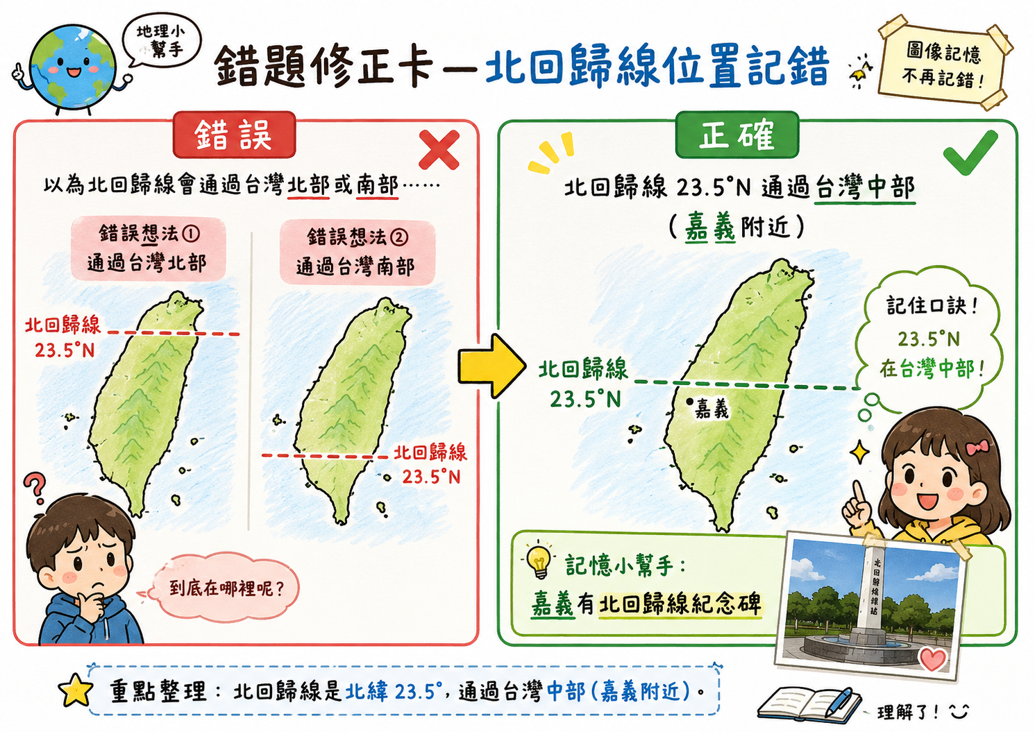 錯題修正卡，說明北回歸線23.5度北緯通過台灣中部嘉義附近，不是台灣北部或南端。