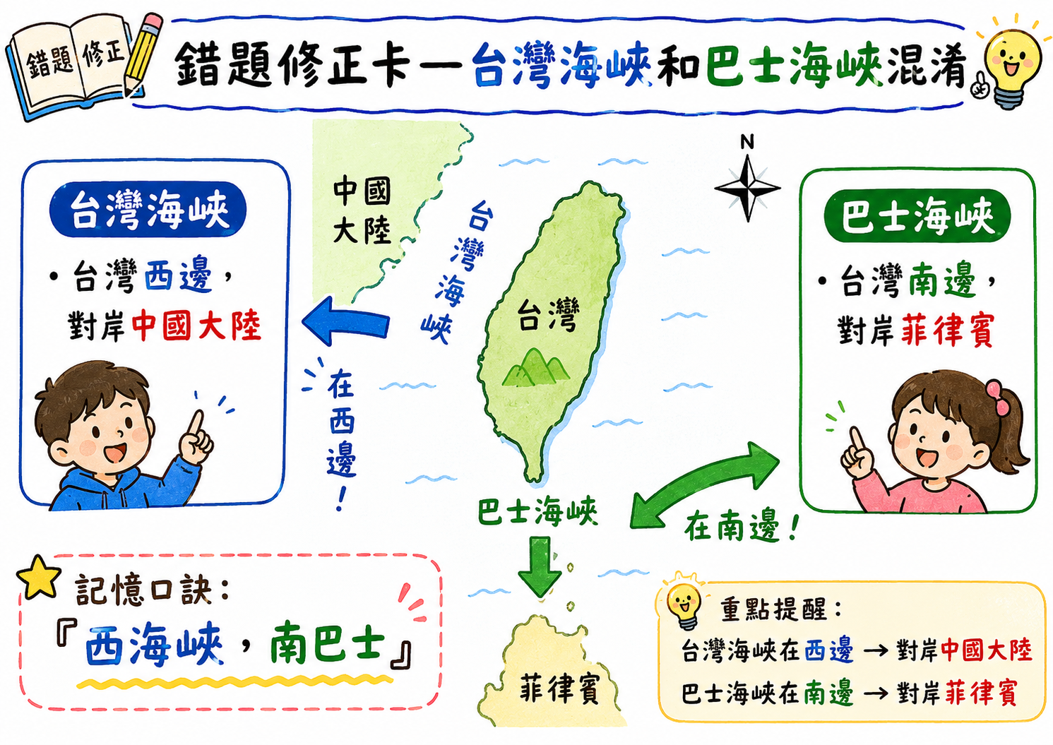 錯題修正卡，說明台灣海峽位於台灣西邊，巴士海峽位於台灣南邊。