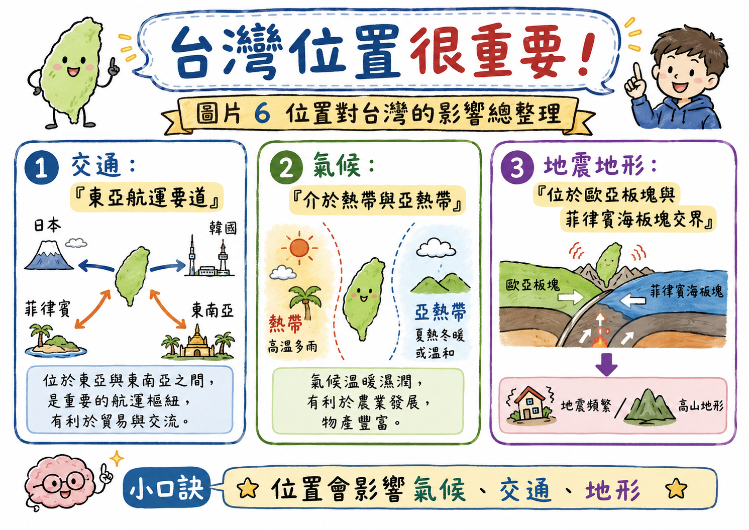 台灣位置影響整理圖，包含東亞航運要道、熱帶與亞熱帶、板塊交界與地形影響。
