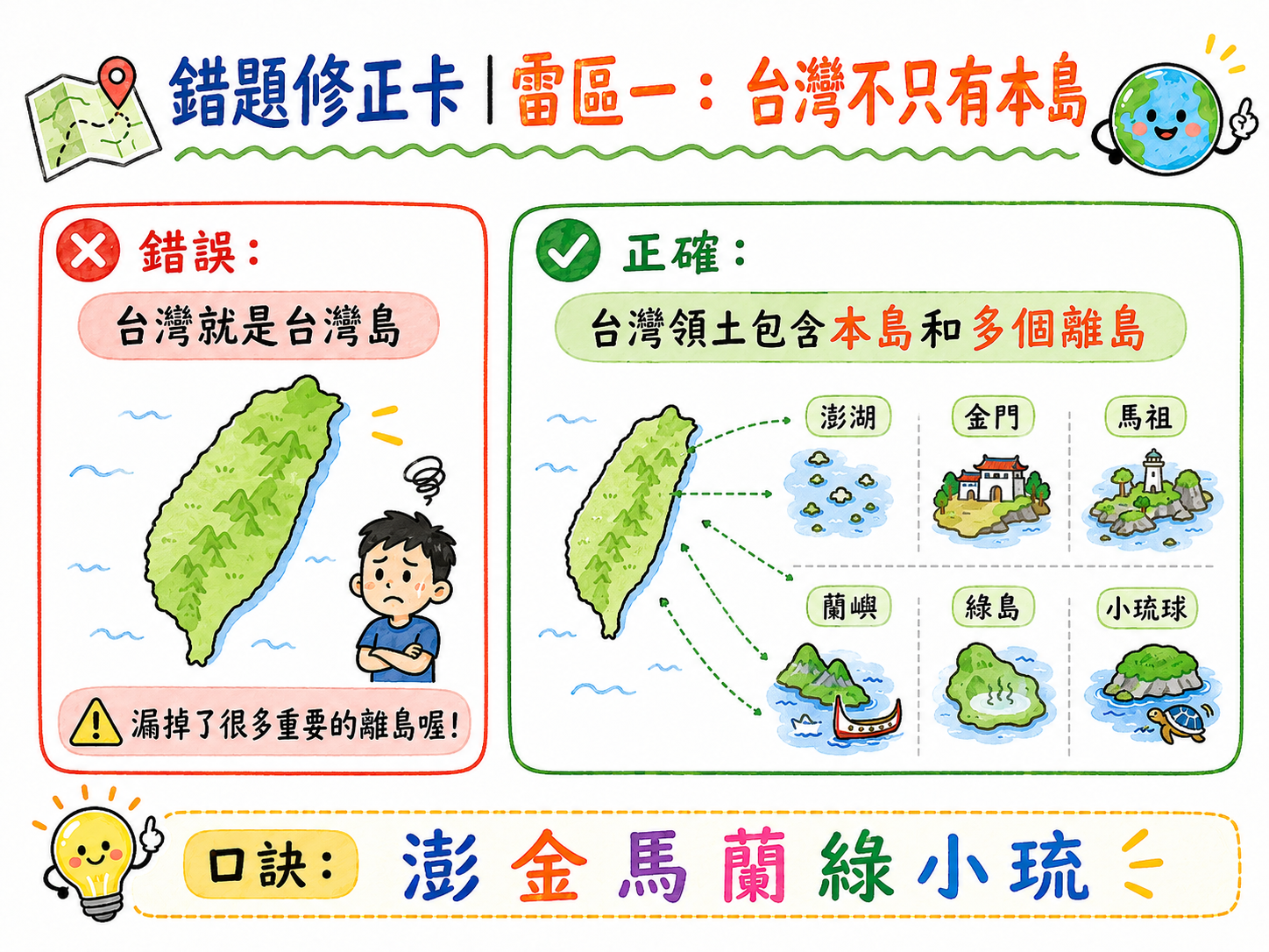 錯題修正卡，說明台灣不只有本島，也包含多個重要離島。