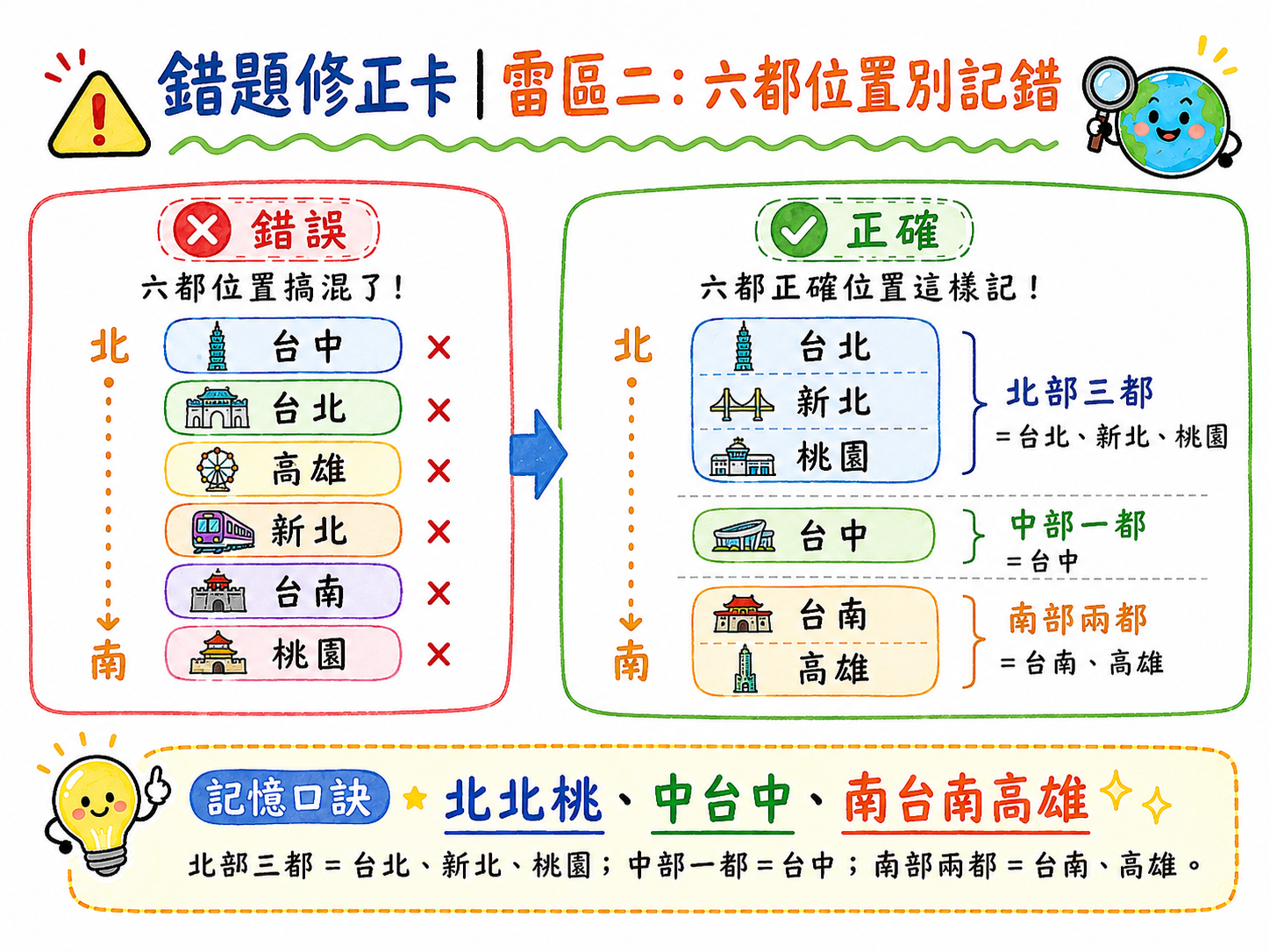 錯題修正卡，說明六都位置，北部台北新北桃園，中部台中，南部台南高雄。