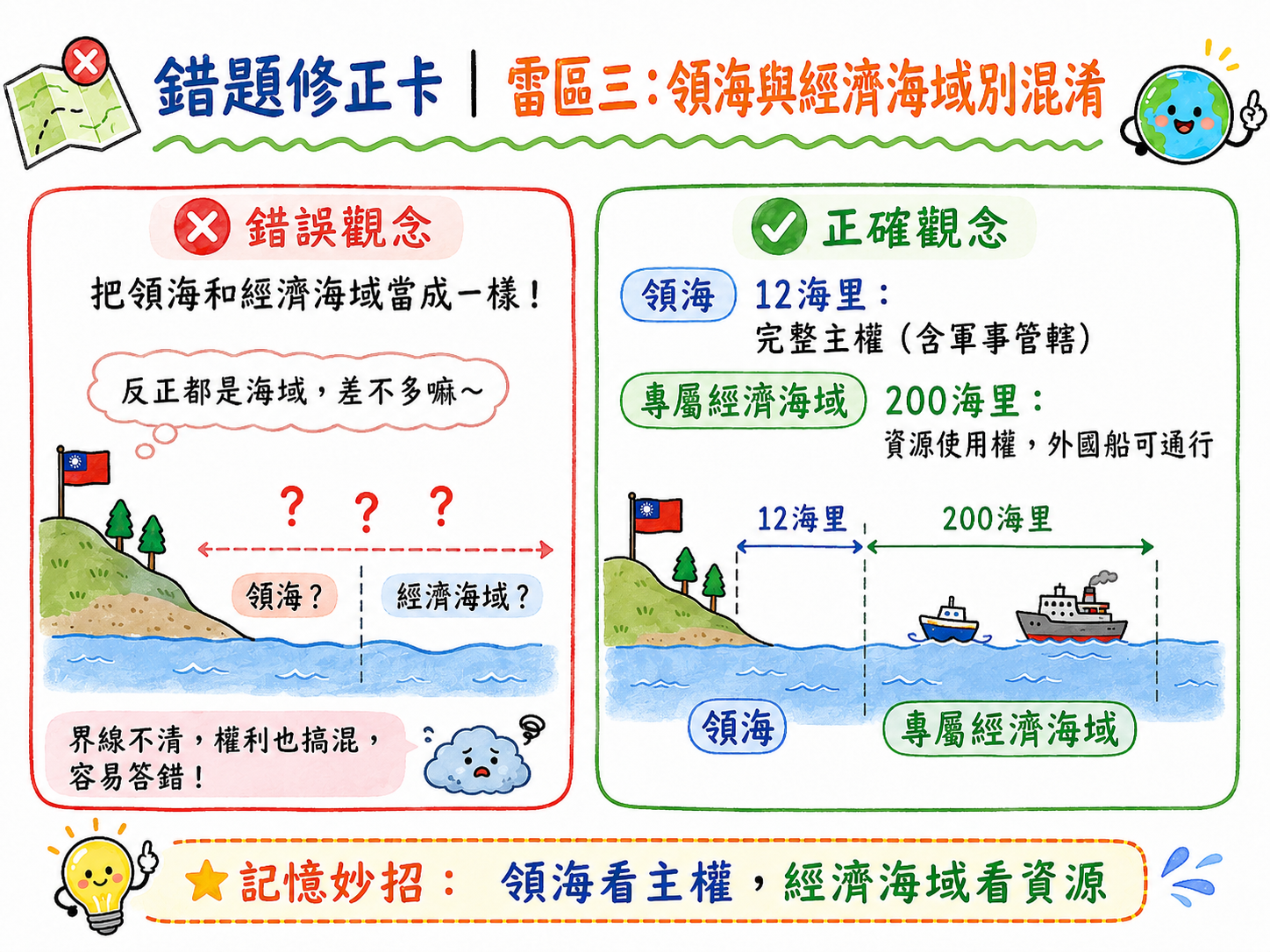 錯題修正卡，說明領海與專屬經濟海域的權利差異。