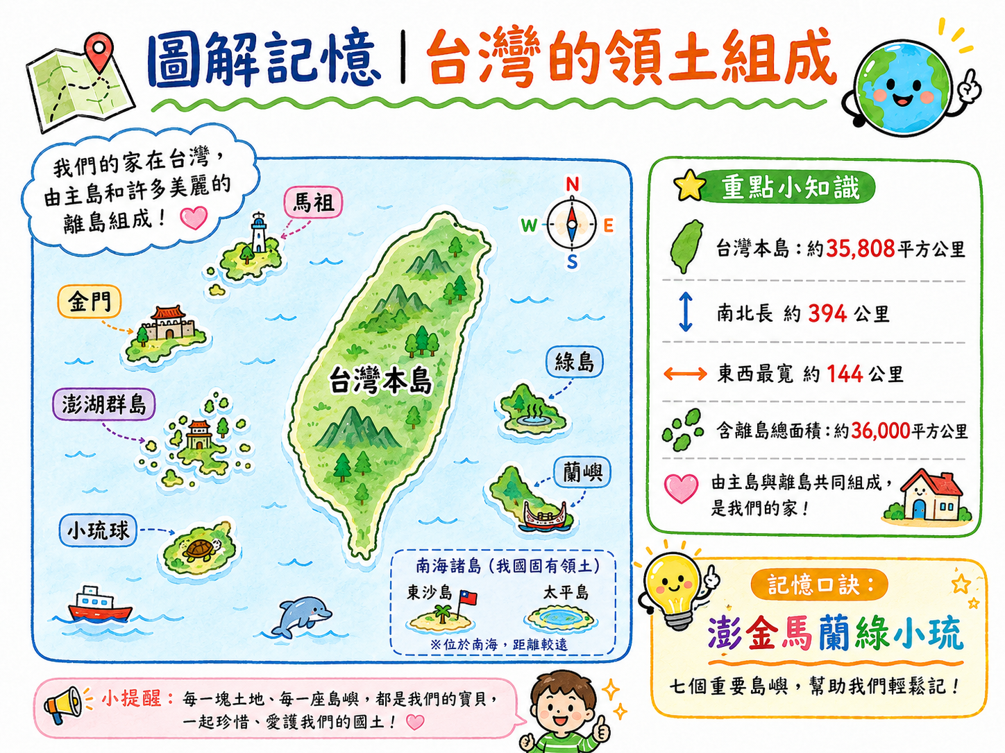 台灣領土組成圖，包含台灣本島、澎湖、金門、馬祖、蘭嶼、綠島與小琉球。
