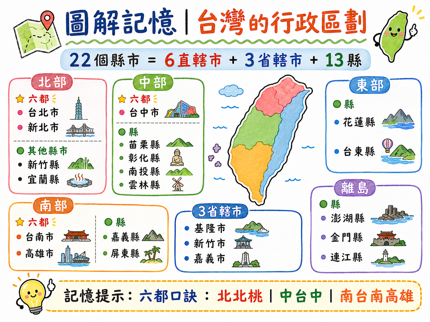 台灣行政區劃圖，整理六都、三省轄市與十三縣。