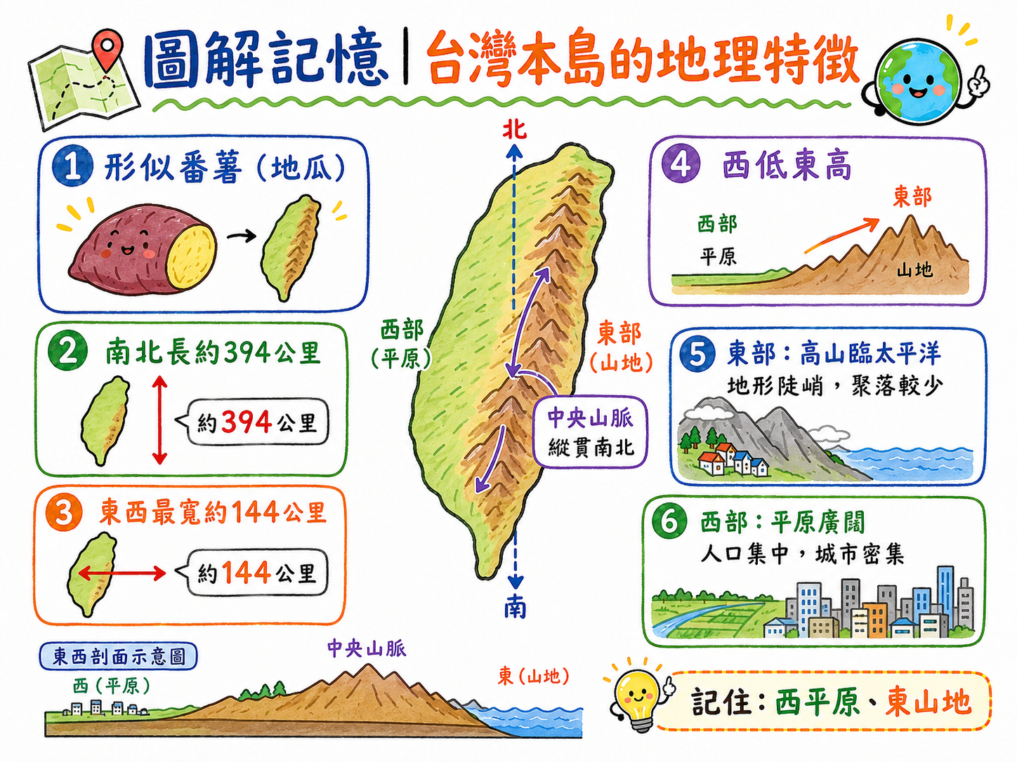 台灣本島地理特徵圖，說明番薯形狀、南北長、東西寬、中央山脈與西低東高。