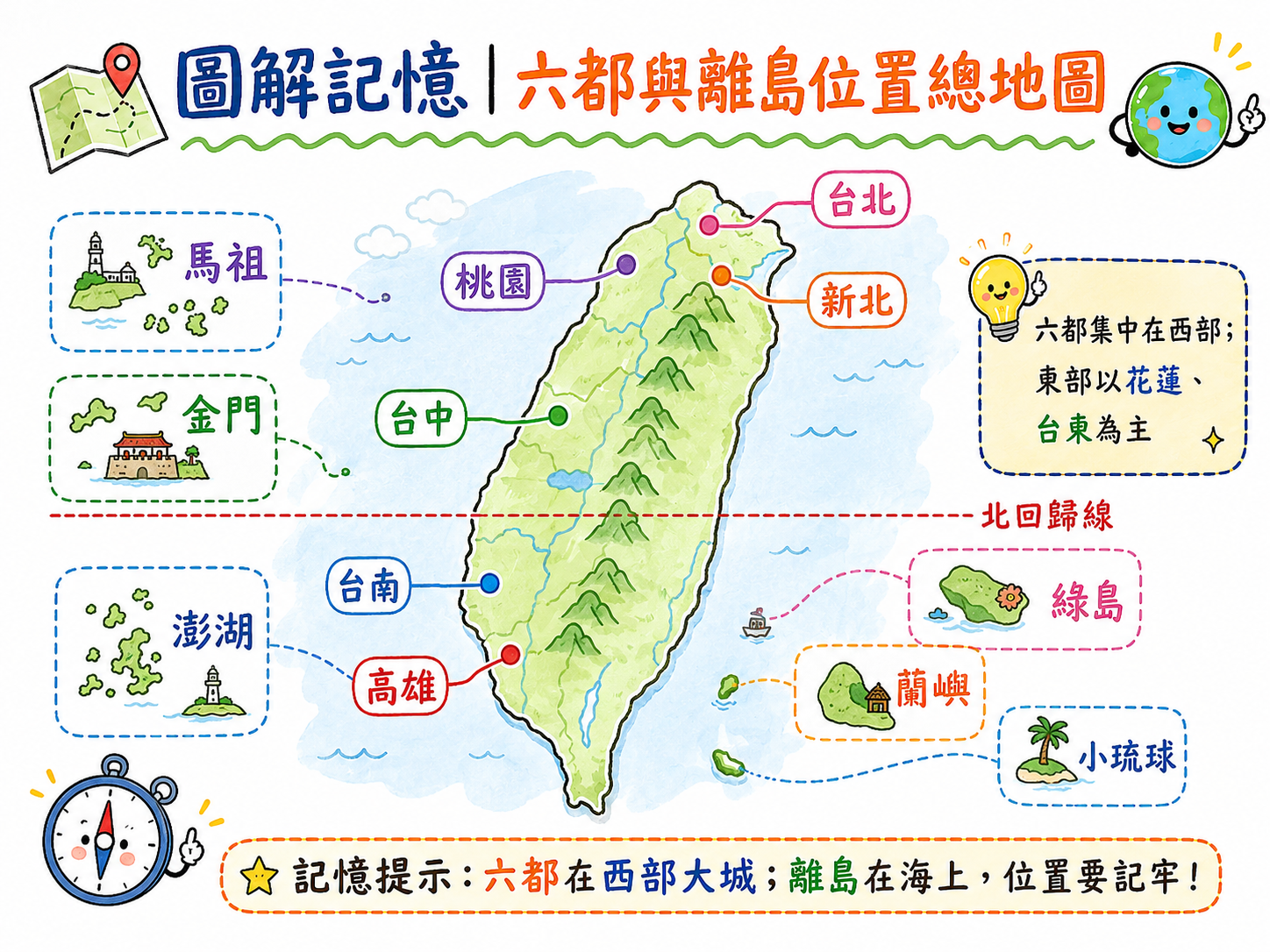六都與離島位置總地圖，標示台北、新北、桃園、台中、台南、高雄，以及澎湖、金門、馬祖、蘭嶼、綠島、小琉球。