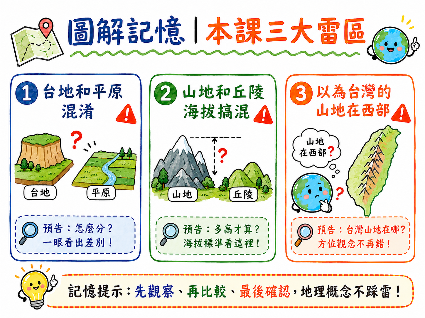 本課三大雷區總覽圖，包含台地和平原混淆、山地和丘陵海拔搞混、以為台灣山地在西部。
