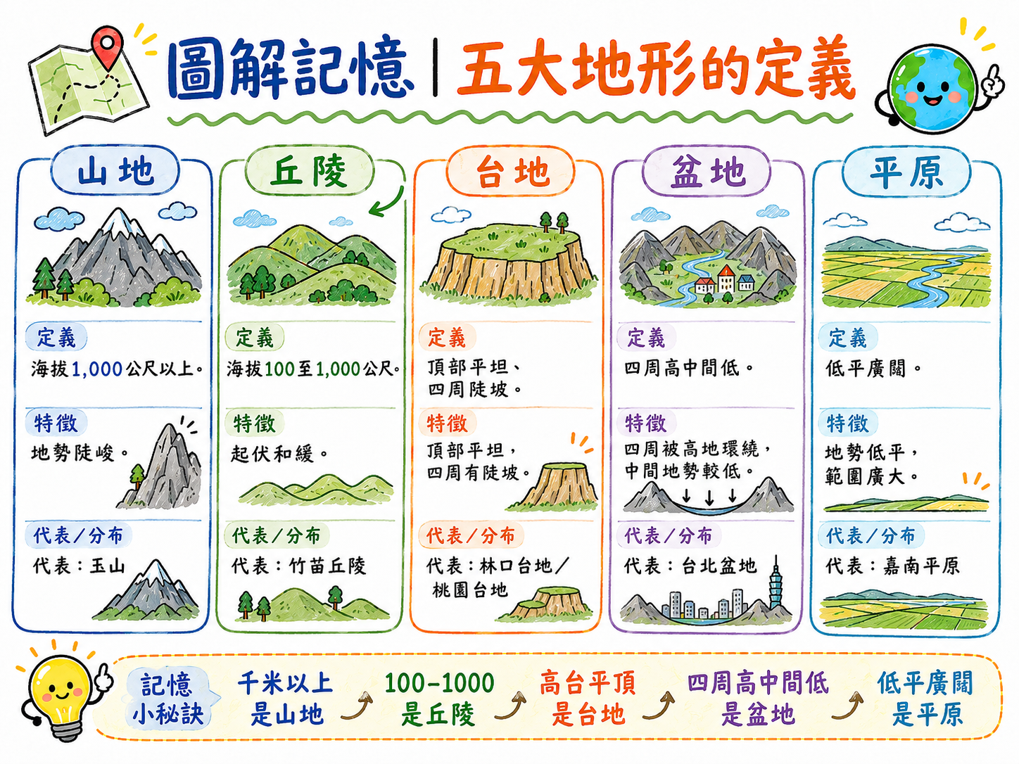五大地形定義圖，整理山地、丘陵、台地、盆地、平原的定義、特徵與代表地形。