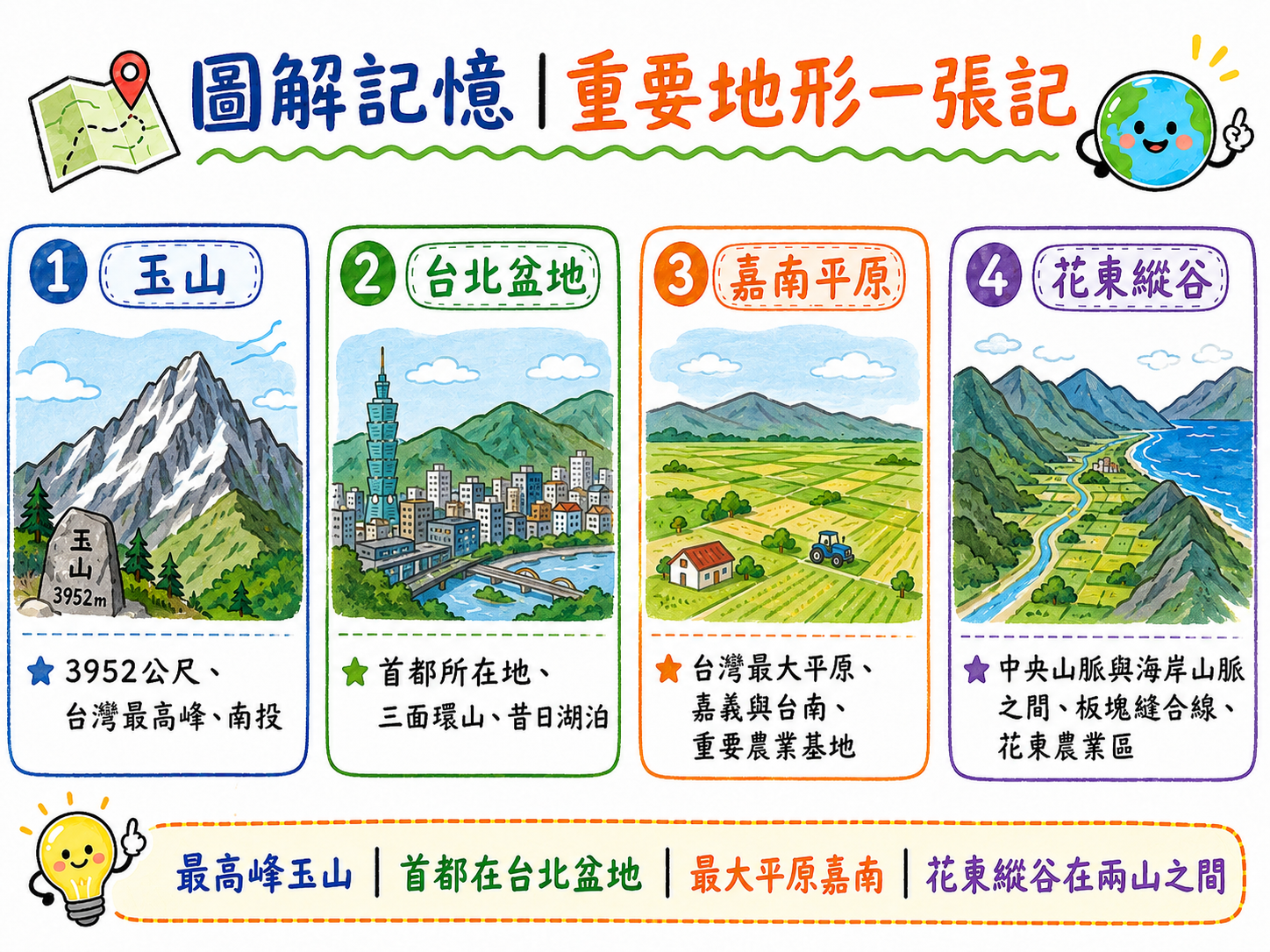 重要地形整理圖，包含玉山、台北盆地、嘉南平原與花東縱谷。