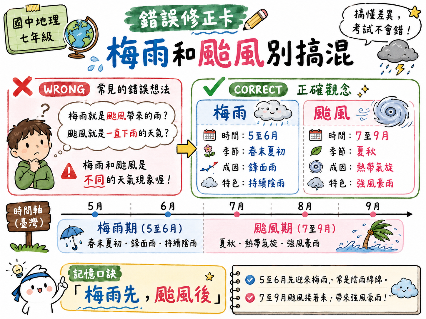 錯題修正卡，說明焚風發生在背風坡，夏季西南季風時東部花蓮台東可能出現焚風。