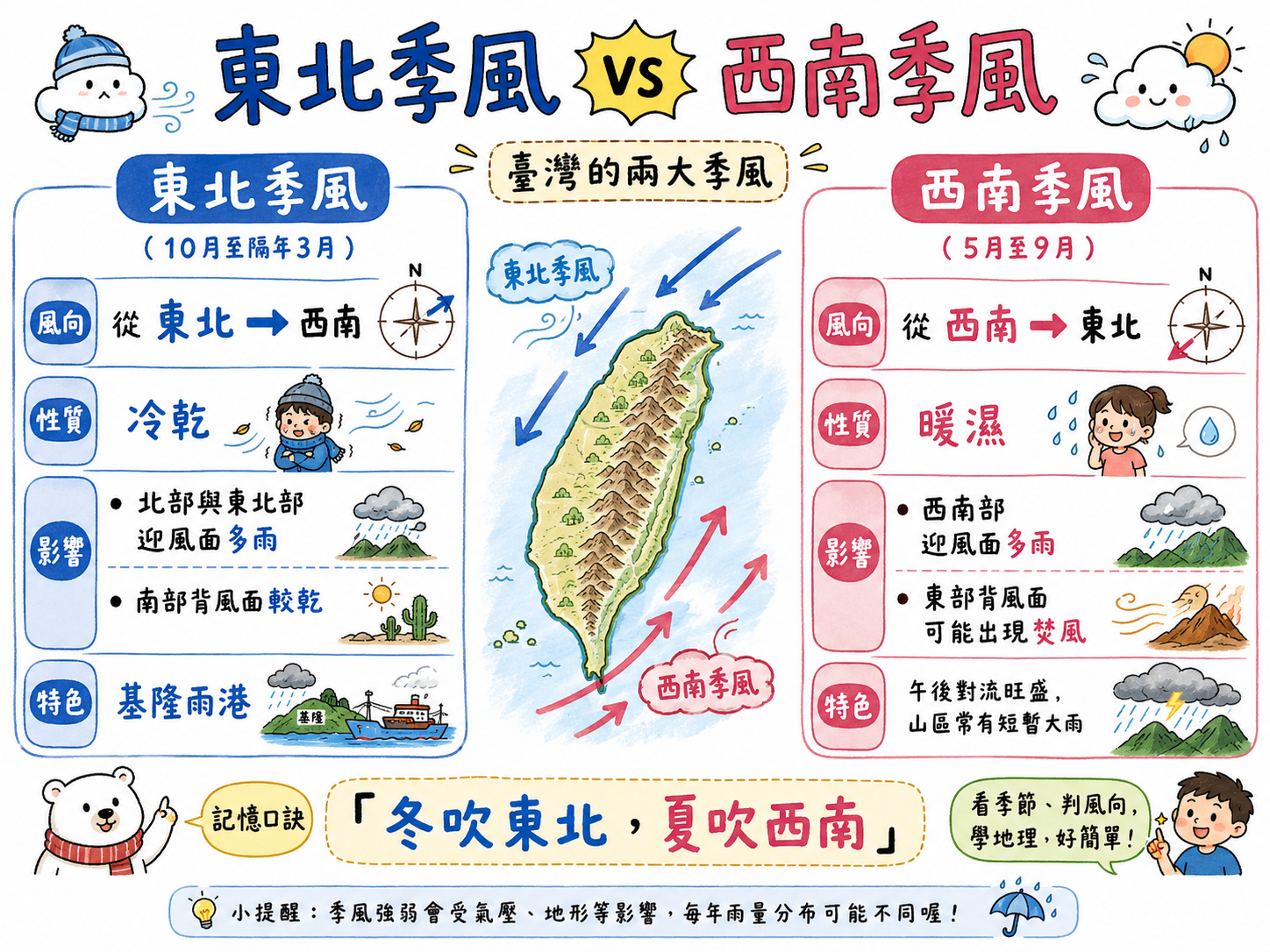 東北季風與西南季風比較圖，說明季節、風向、性質與影響地區。