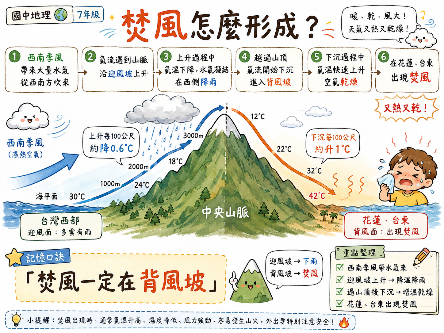焚風形成過程圖，說明迎風坡降雨、越過山脈、背風坡下沉增溫形成焚風。