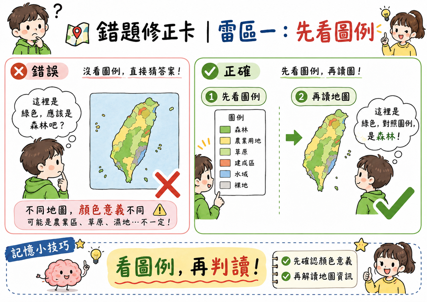 錯題修正卡，說明讀地圖前要先看圖例，不能直接憑顏色猜答案。
