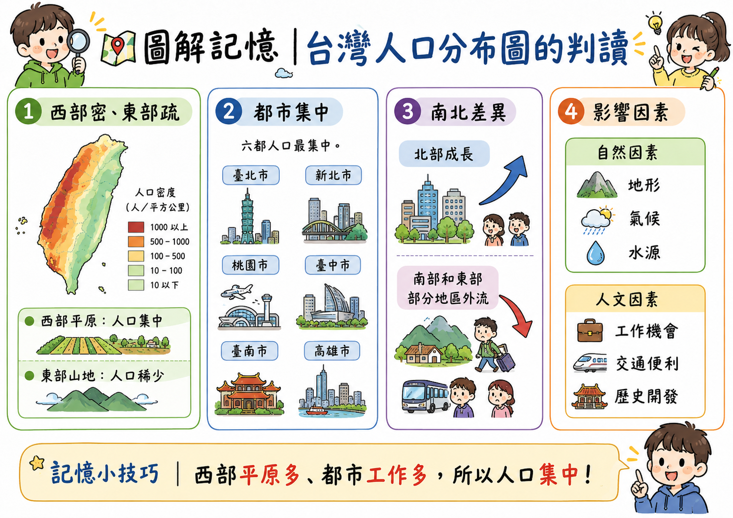 台灣人口分布圖判讀，說明西部人口密集、東部人口稀少、六都人口集中與南北差異。