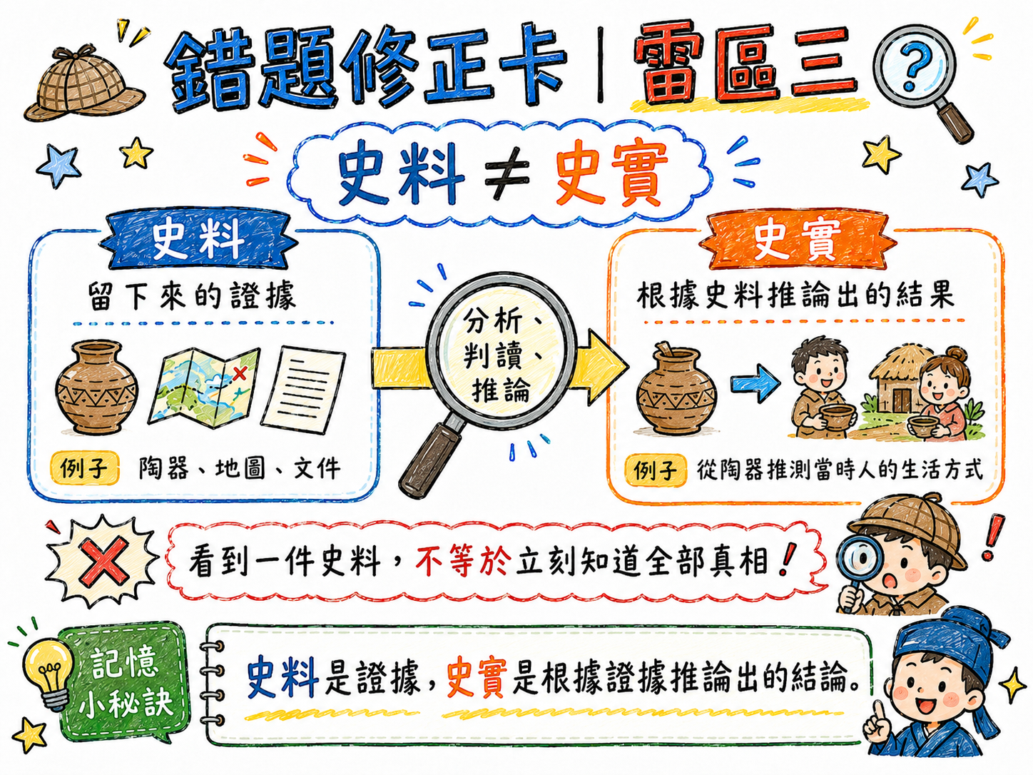錯題修正卡，說明史料與史實不同，史料是證據，史實是根據證據推論出的結果。