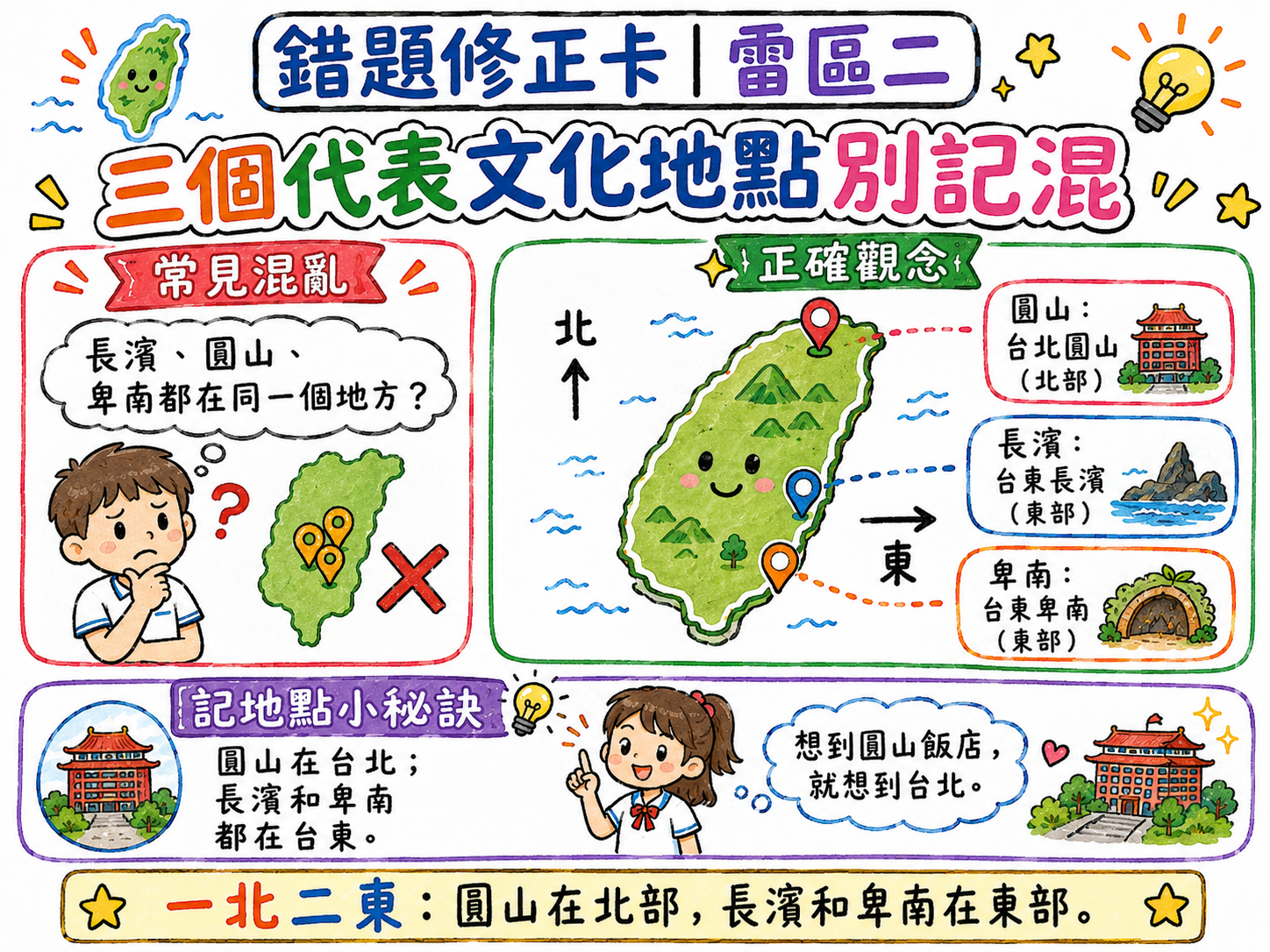 錯題修正卡，說明長濱文化在台東長濱，圓山文化在台北圓山，卑南文化在台東卑南。