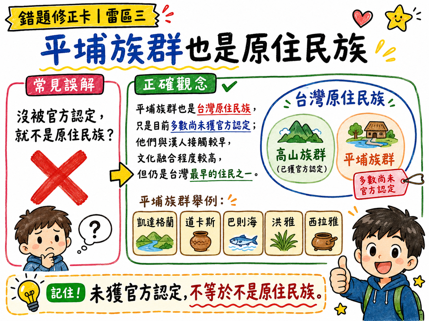 錯題修正卡，說明平埔族群也是台灣原住民族的一部分。