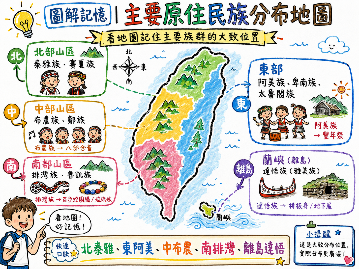 主要原住民族分布地圖，標示北部、東部、中部、南部與蘭嶼代表族群。