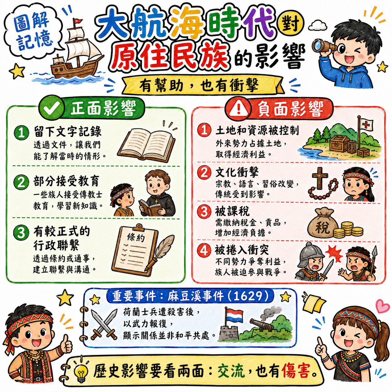 大航海時代對原住民族的影響圖，整理正面影響與負面影響。