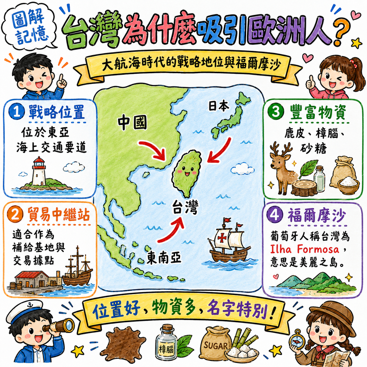 台灣在大航海時代的戰略地位圖，說明台灣位置、貿易中繼站、物資與福爾摩沙名稱。