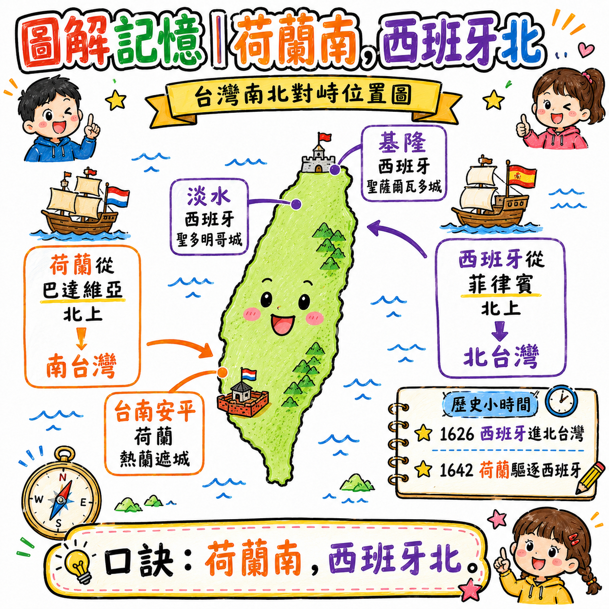 荷蘭與西班牙在台位置圖，標示荷蘭在台南安平，西班牙在基隆與淡水。