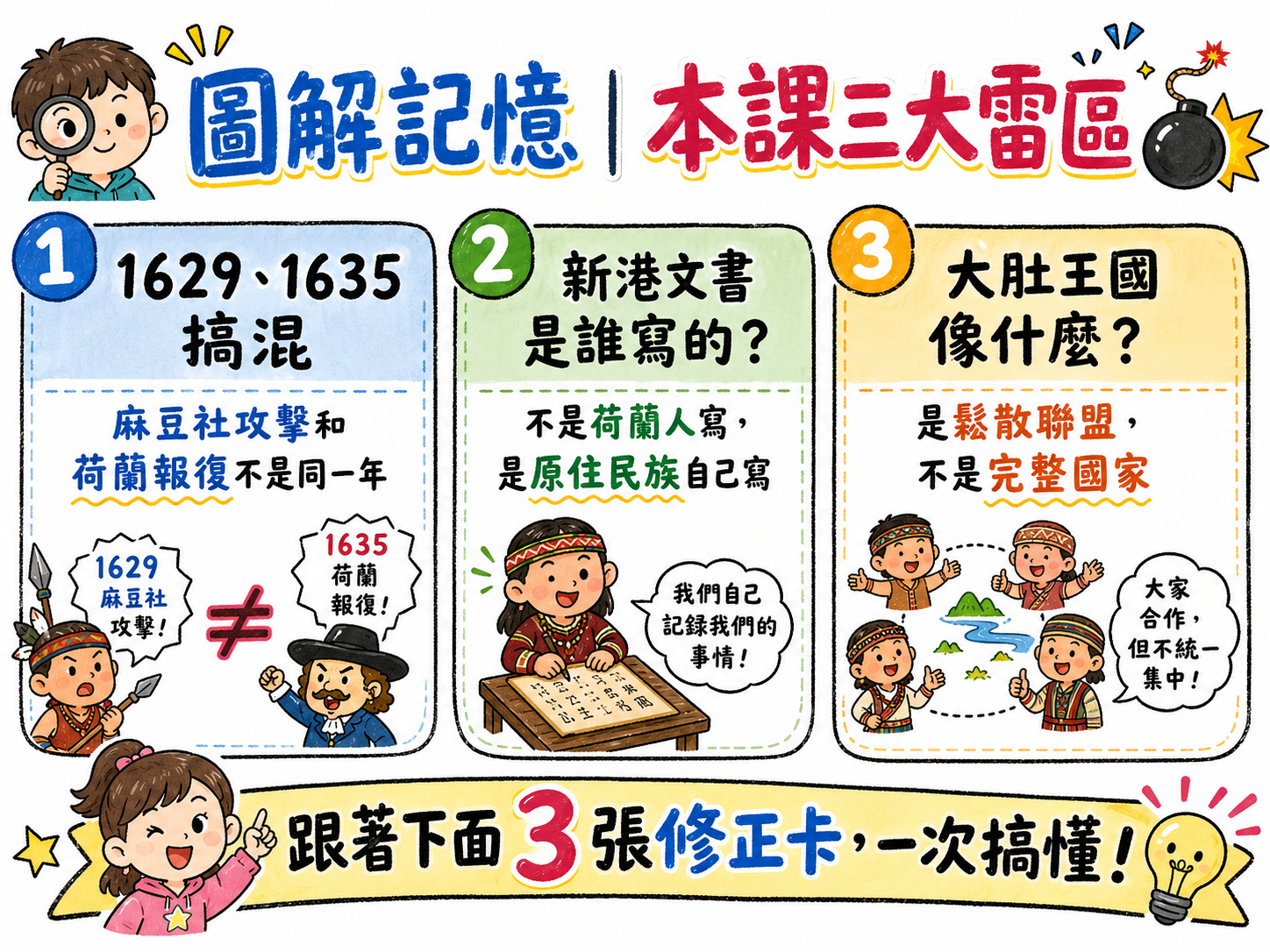 本課三大雷區總覽圖，包含麻豆溪事件年份、新港文書作者、大肚王國性質。